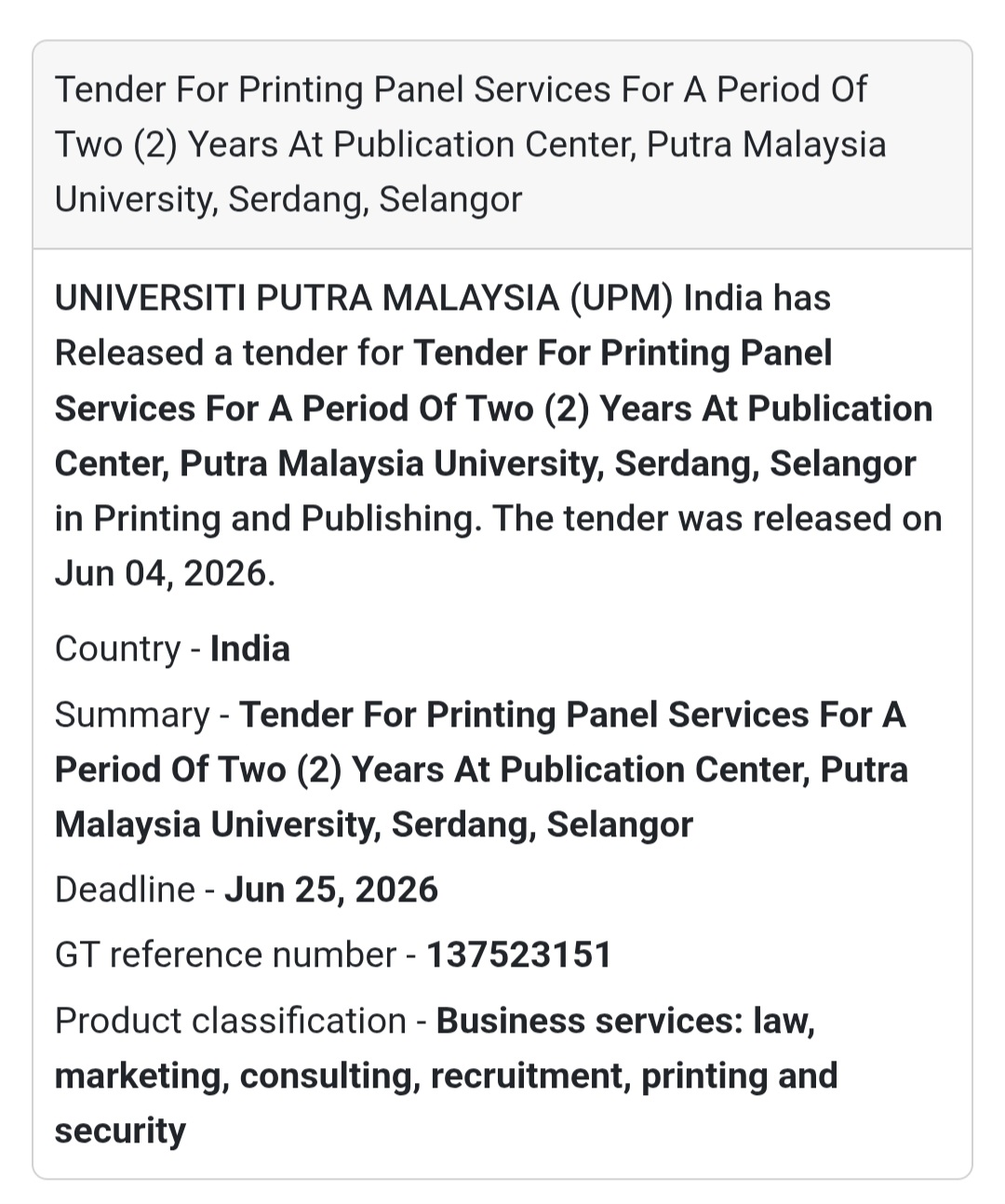 🖨️ Tender Alert | Selangor | Printing Panel Services Contract