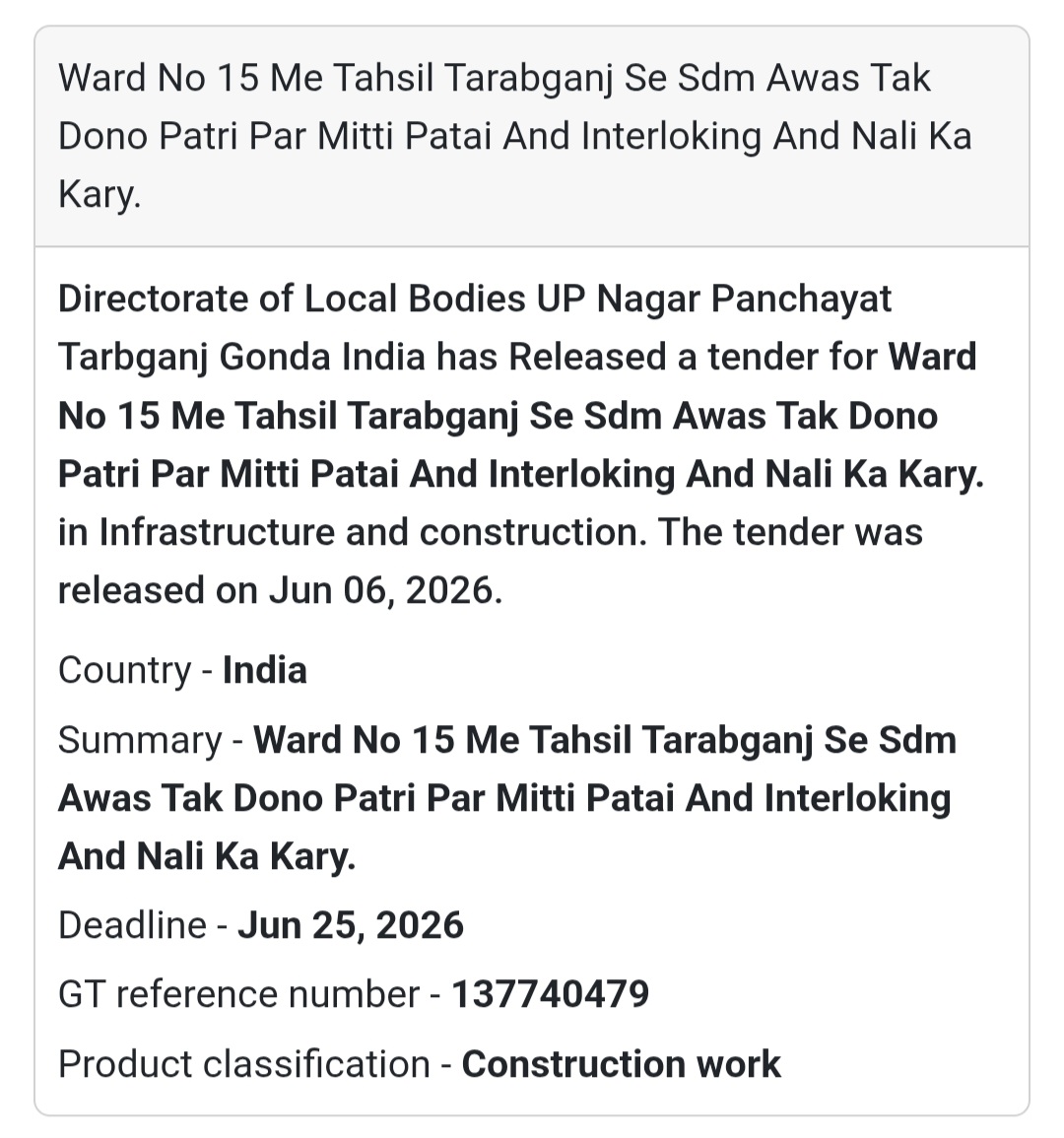 🛤️ Tender Alert: Tarabganj, Gonda |