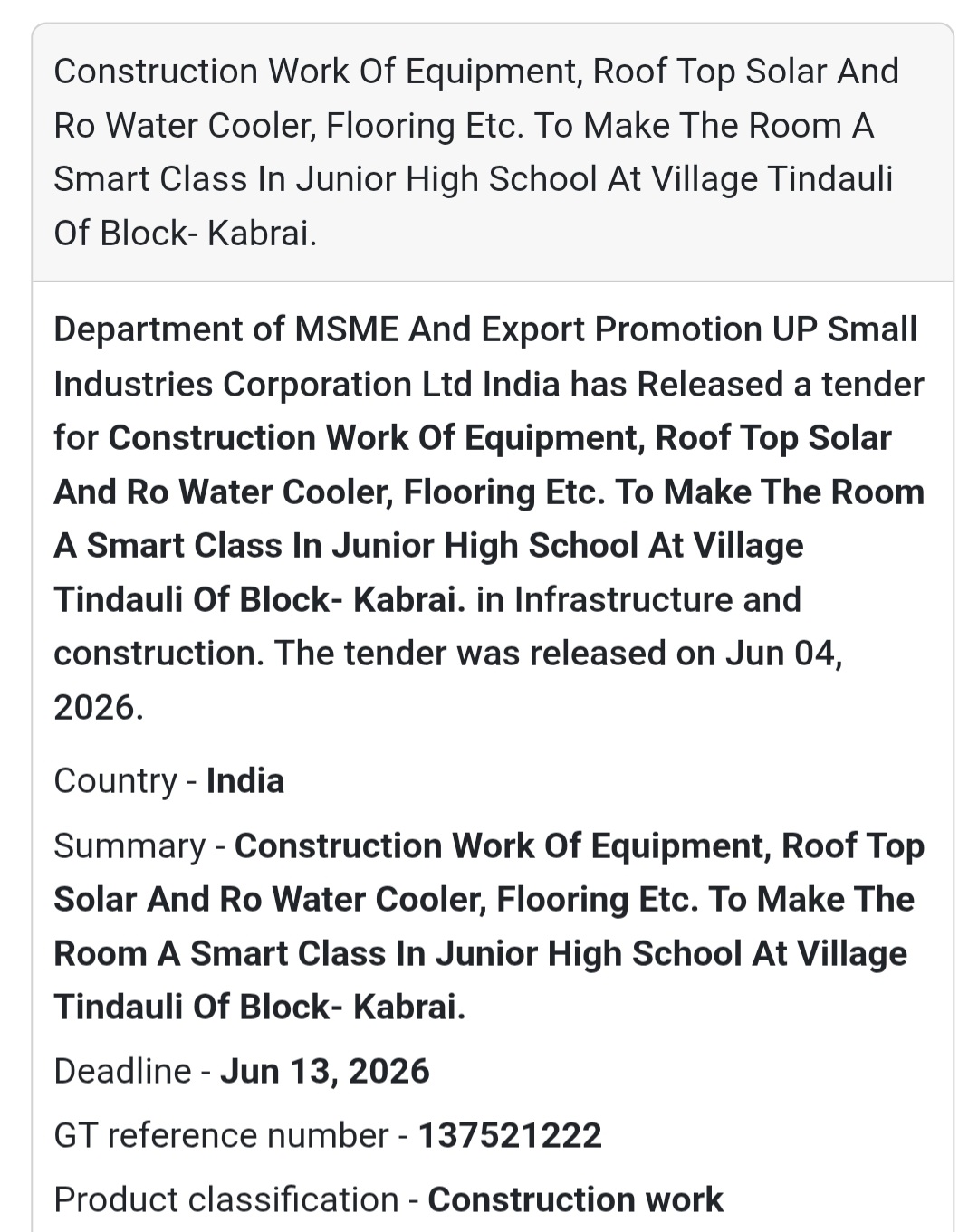 🏫 Tender Alert | Tindauli, Kabrai | Smart Class Construction Work