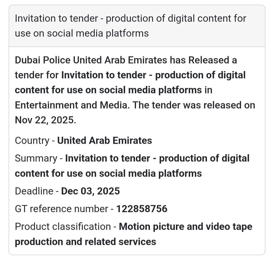 🎬 Tender Alert – UAE