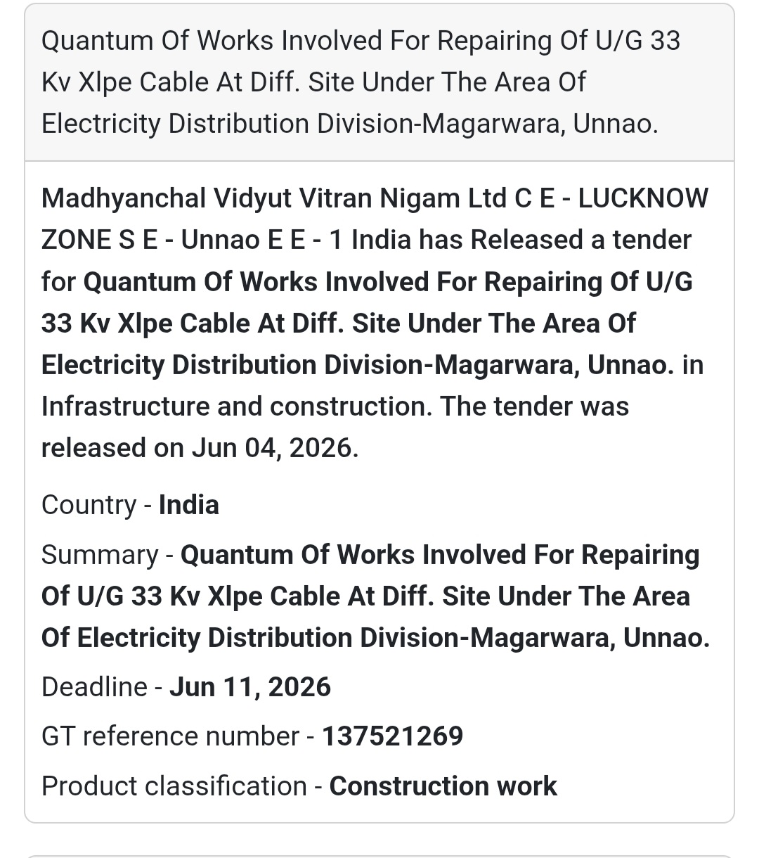 ⚡ Tender Alert | Unnao | 33 KV Underground Cable Repair Work