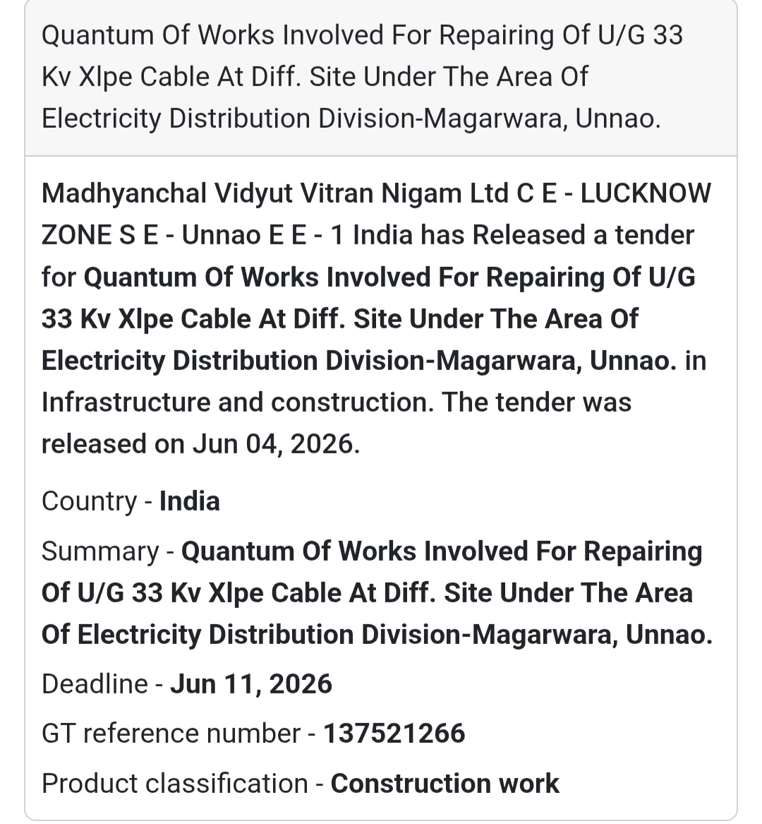 ⚡ Tender Alert | Unnao | 33 KV Underground Cable Repair Work