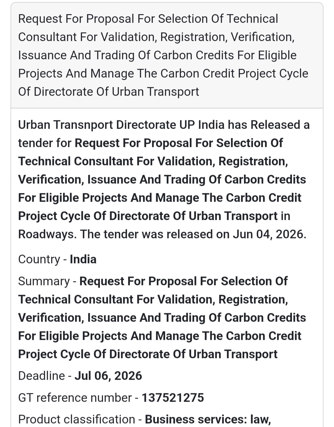 🌱 Tender Alert | Uttar Pradesh | Carbon Credit Consultant Selection