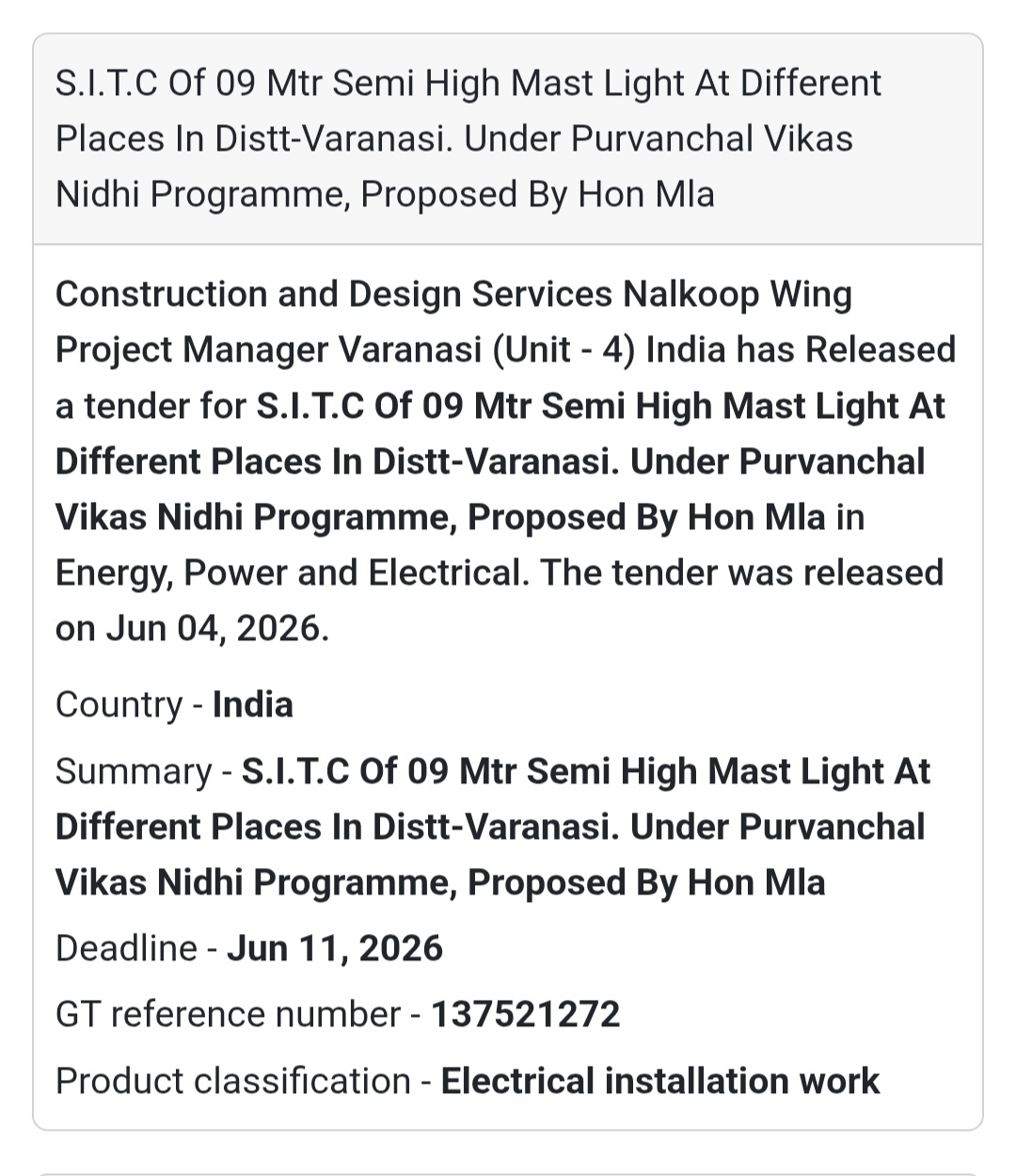💡 Tender Alert | Varanasi | Semi High Mast Light Installation