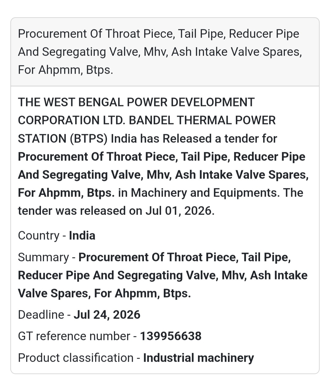 📢 Tender Alert: WBPDCL Procurement