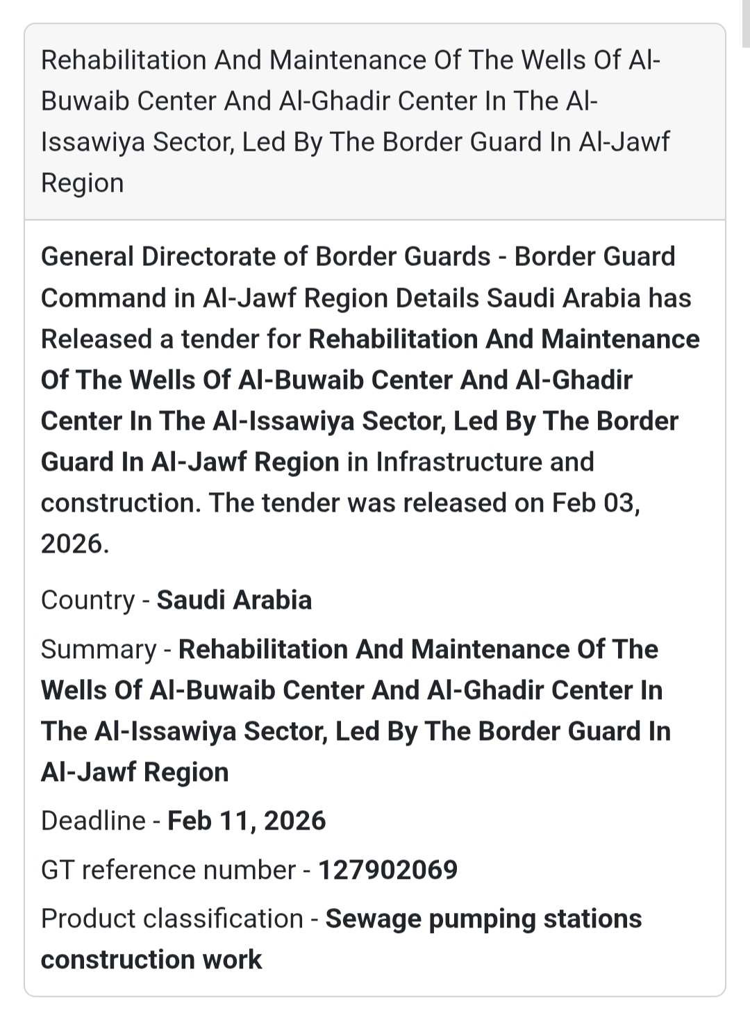 💧 Tender Alert: Wells Rehabilitation in Al-Jawf Region 💧