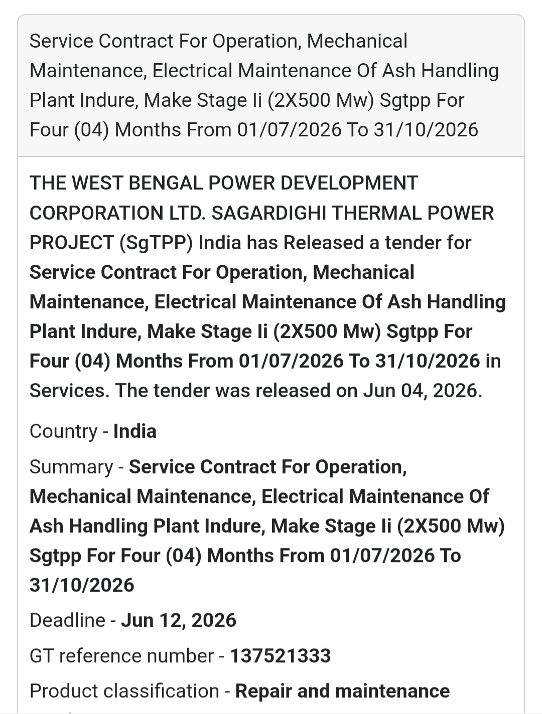 ⚙️ Tender Alert | West Bengal | Ash Handling Plant O&M Contract
