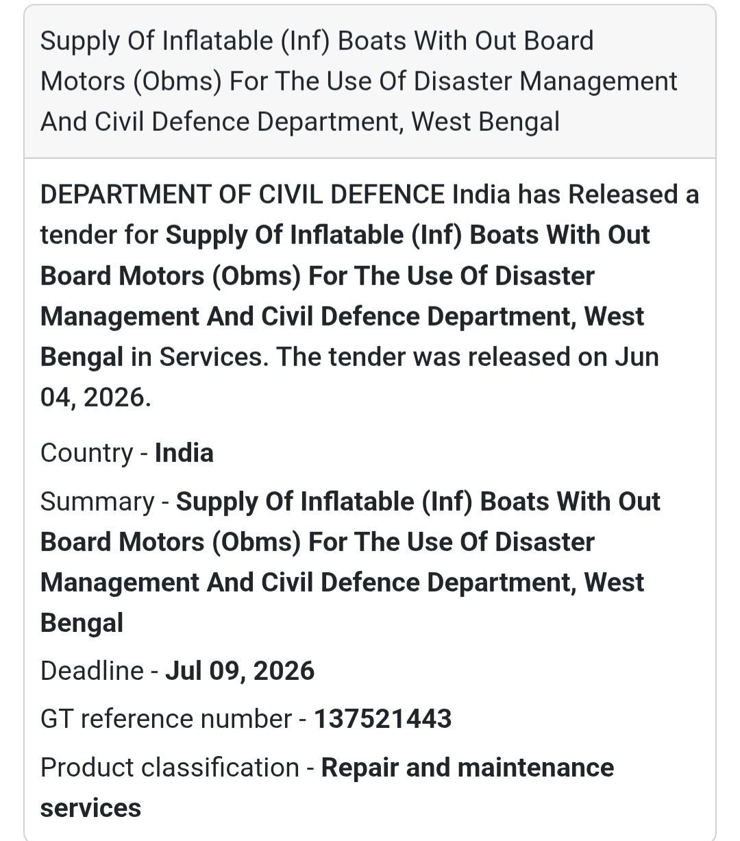 🚤 Tender Alert | West Bengal | Supply of Inflatable Boats with Outboard Motors