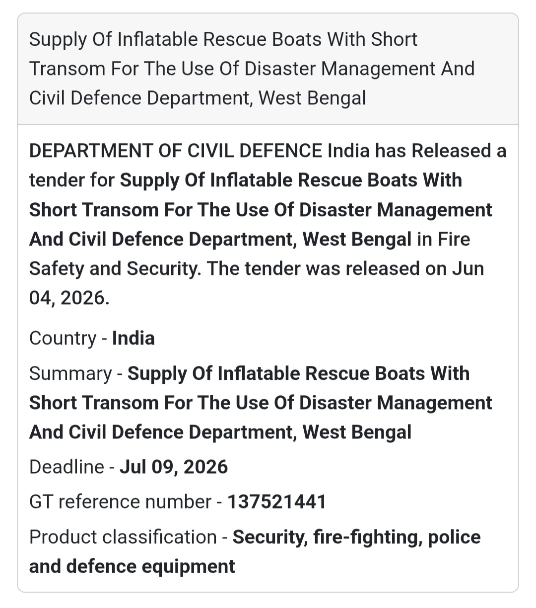 🚤 Tender Alert | West Bengal | Supply of Inflatable Rescue Boats
