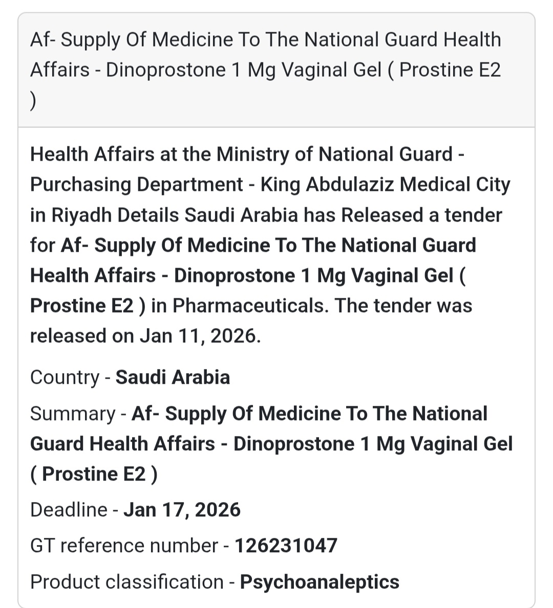 tender announcement by the Health Affairs at the Ministry of National Guard (NGHA)