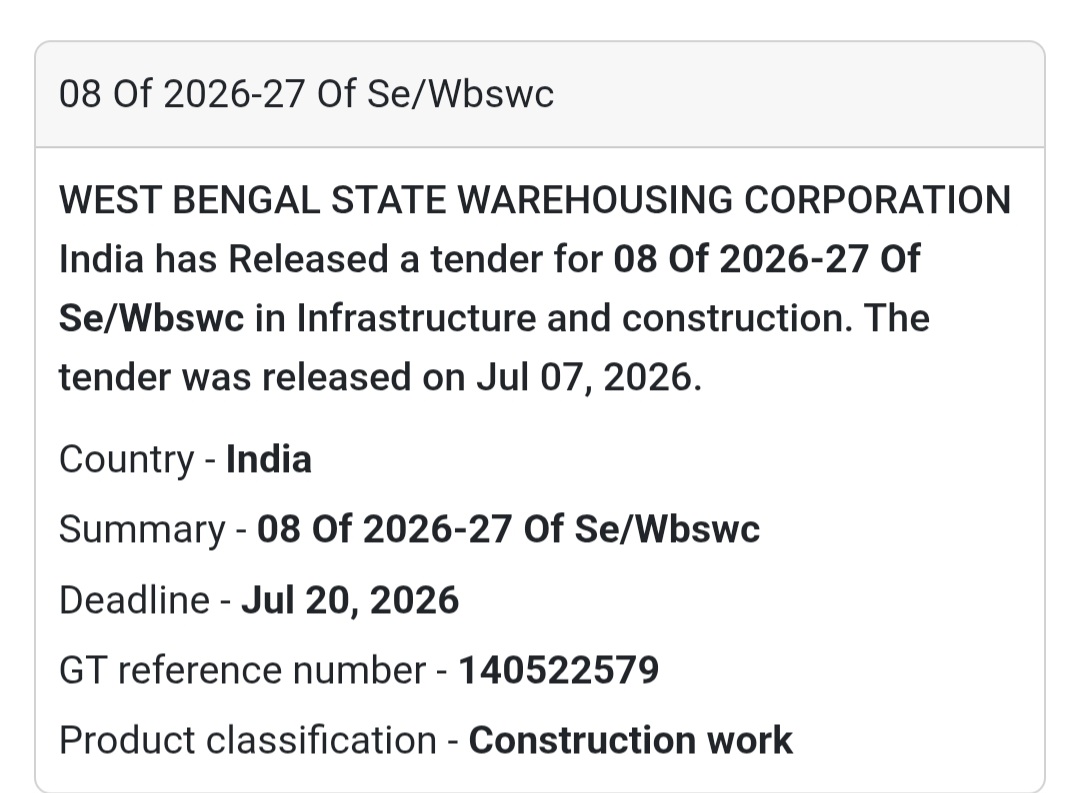 🏗️ Tender No. 08 of 2026–27 – Construction Work (West Bengal)