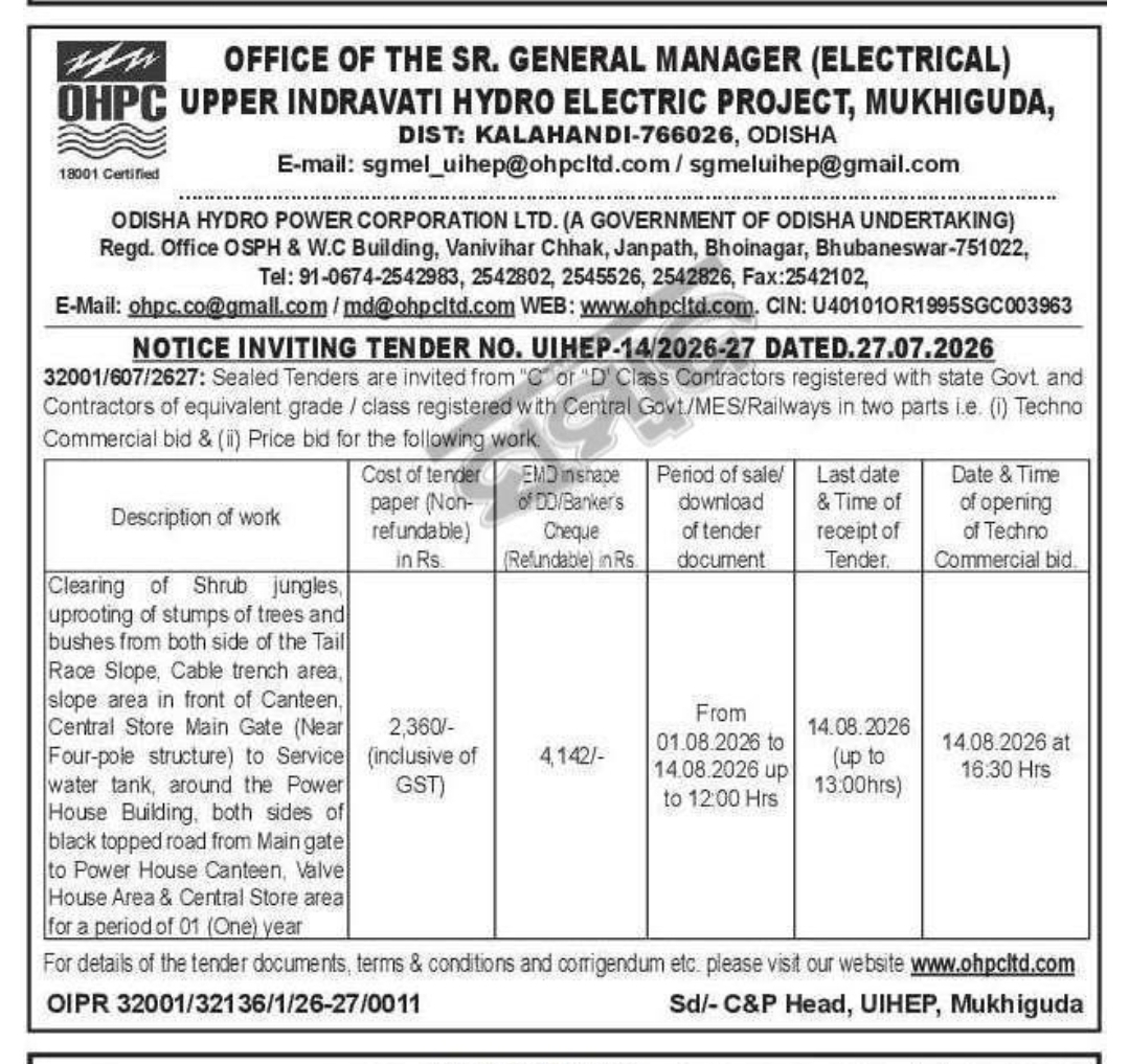 ⚡ Tender Notice – Odisha Hydro Power Corporation (OHPC) 📍Mukhiguda, Kalahandi