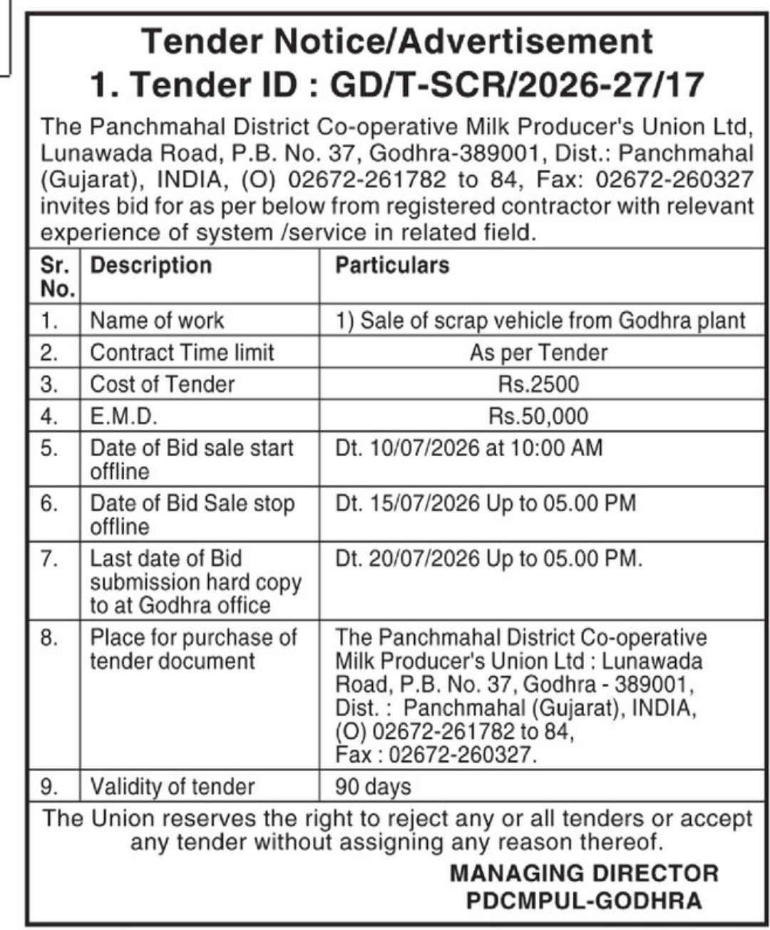 📢 Tender Notice – Panchmahal District Co-operative Milk Producer's Union Ltd.