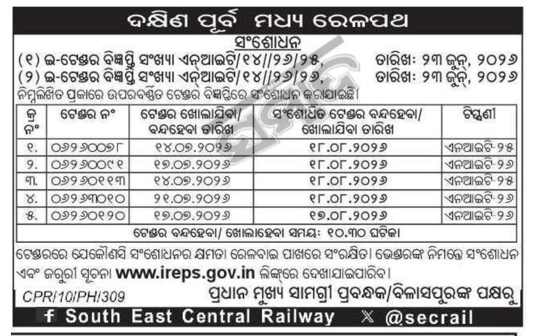 🚆 Tender Notice – South East Central Railway