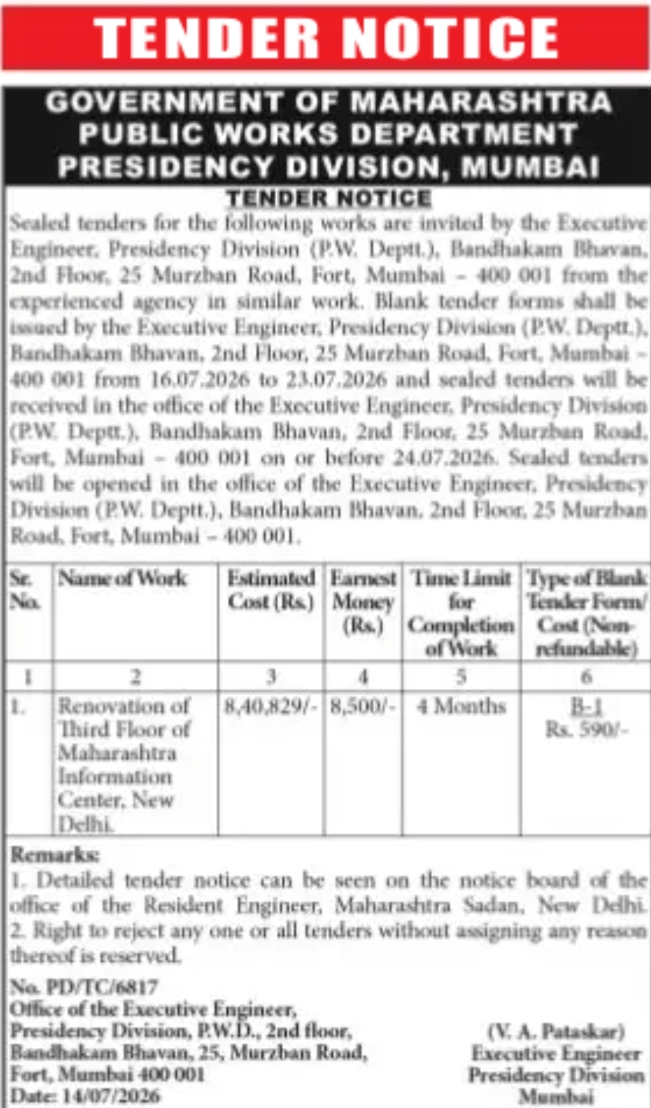 TENDER NOTICEGOVERNMENT OF MAHARASHTRA
