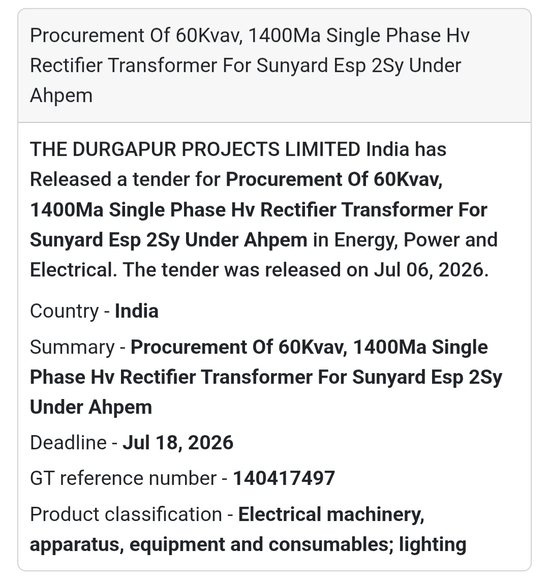 ⚡ The Durgapur Projects Ltd. Tender | India