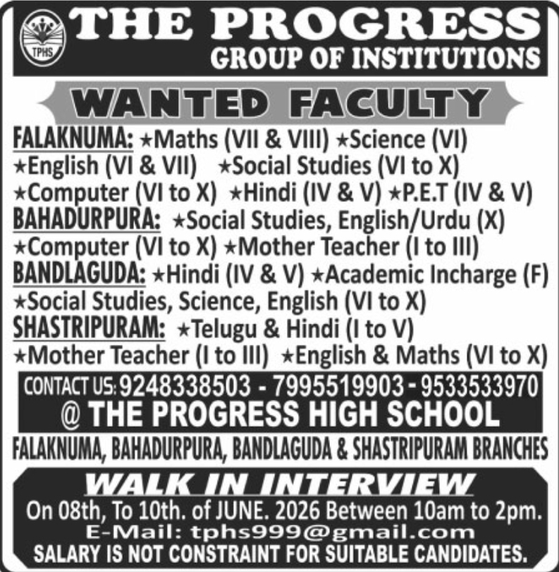 🏫 THE PROGRESS GROUP OF INSTITUTIONS – WANTED FACULTY