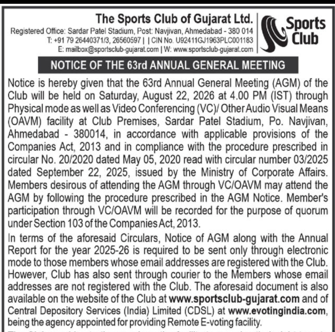 The Sports Club of Gujarat Ltd - meeting in Ahmedabad