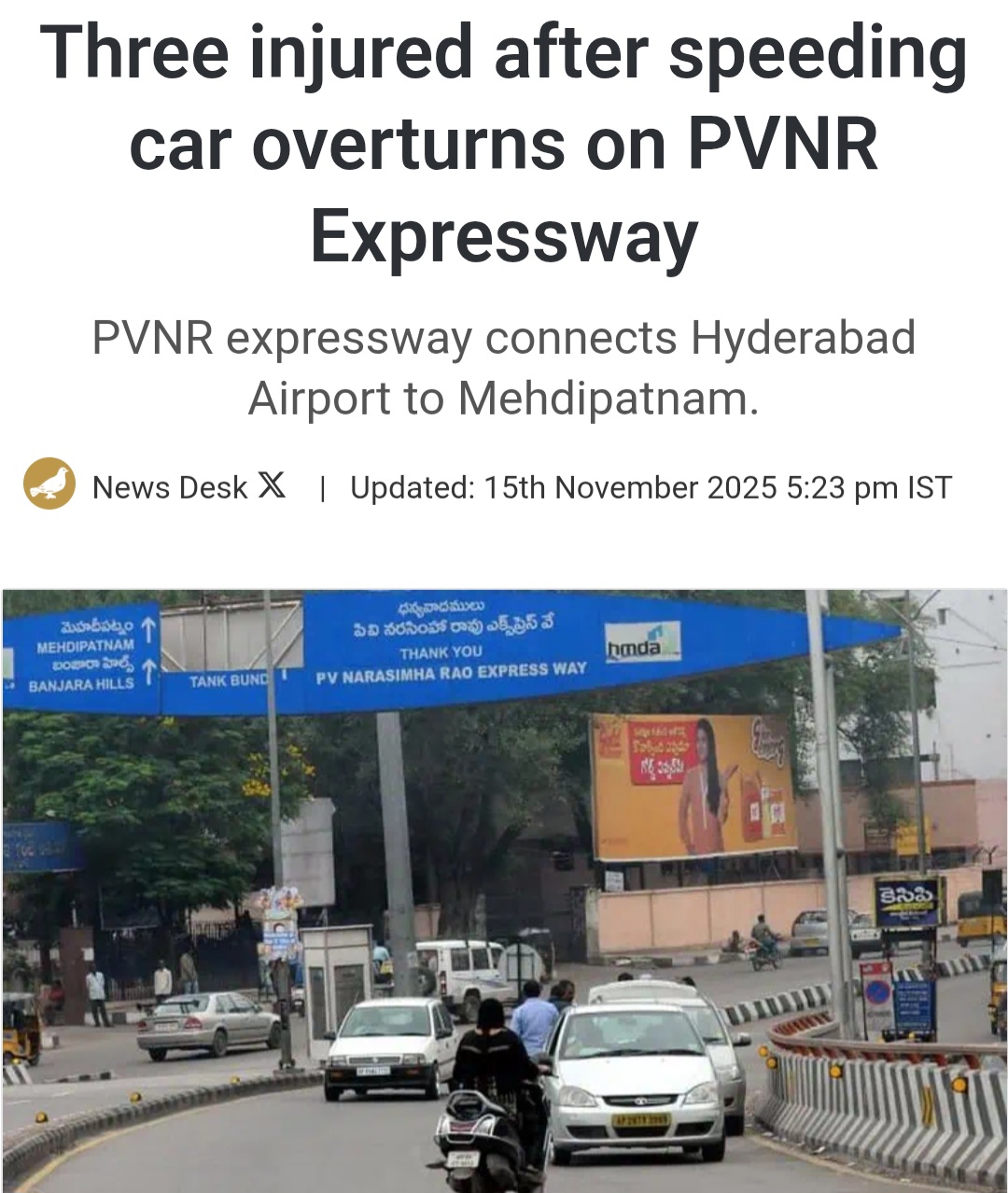 Three injured after speeding car overturns on PVNR Expressway