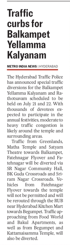 🚦 Traffic Advisory for Balkampet Yellamma Kalyanam