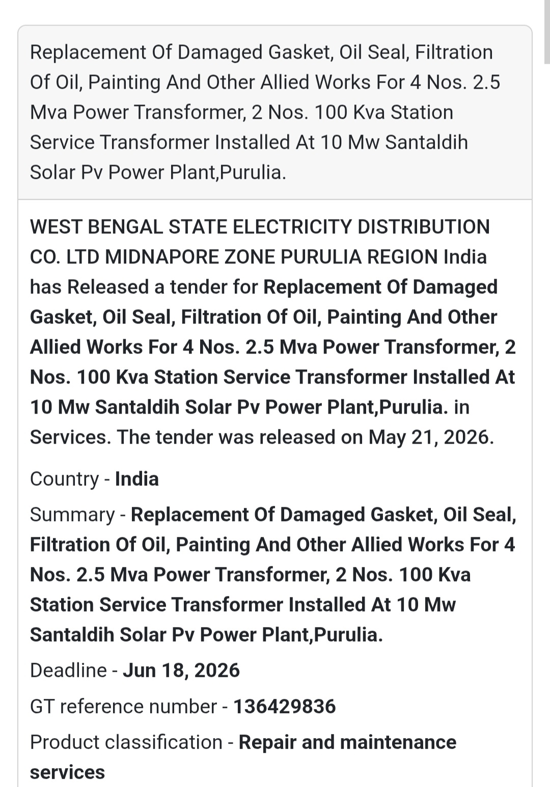 🛠️ Transformer Repair & Maintenance Tender