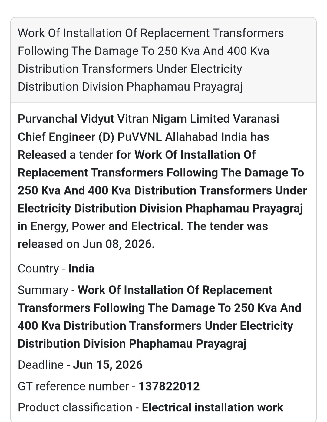 ⚡ Transformer Replacement Installation Tender | Prayagraj 📍Prayagraj, Uttar Pradesh