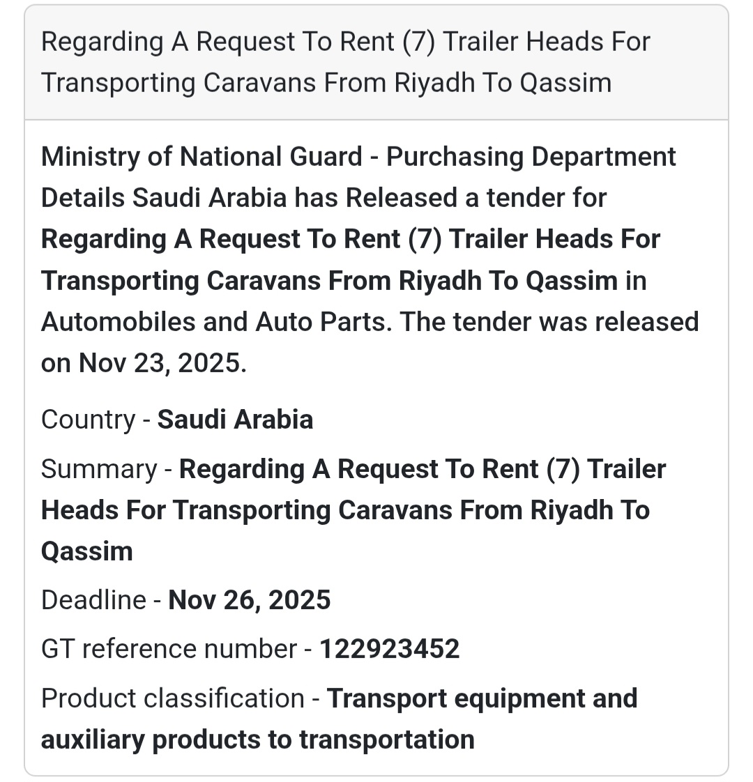 🚚 Transport Tender Alert – Saudi Arabia