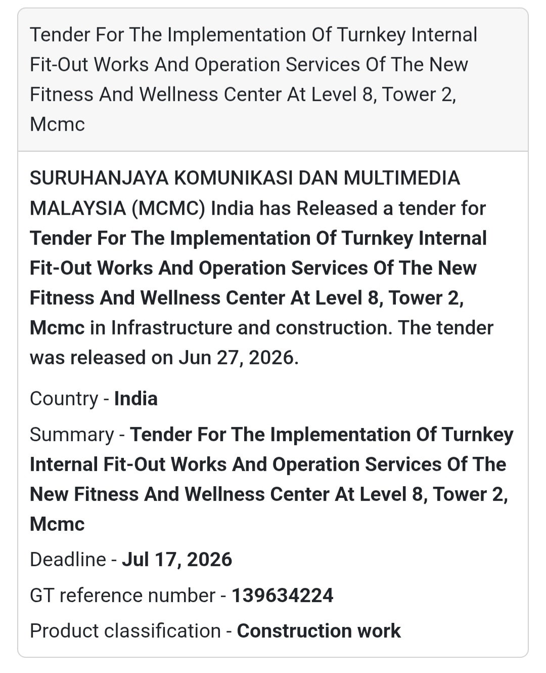 🏢 Turnkey Internal Fit-Out Works & Operation Services for the New Fitness & Wellness Center, MCMC