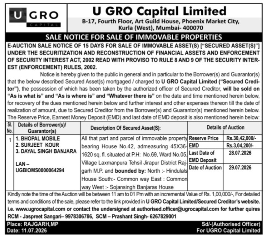 🏠 U GRO Capital Limited – Sale Notice of Immovable Property