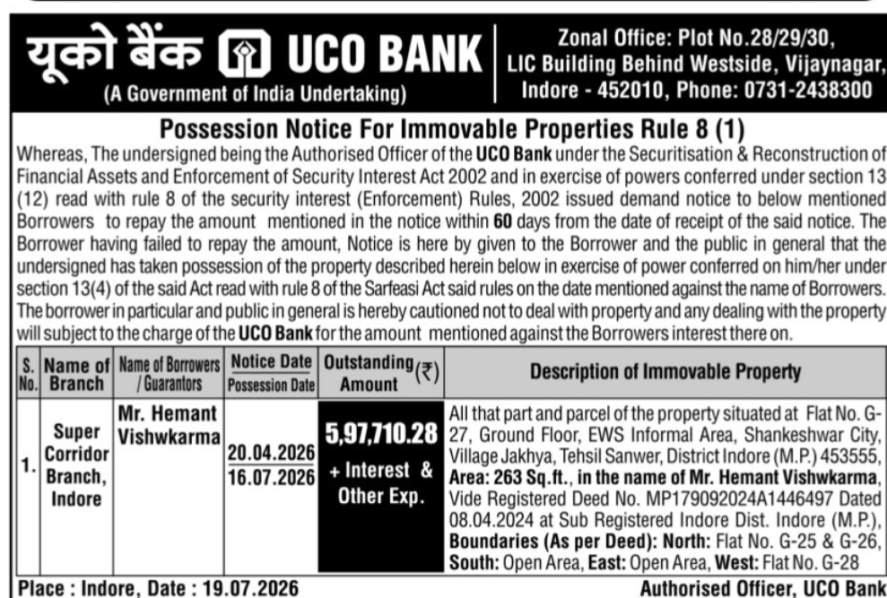 🏦 UCO Bank – Possession Notice