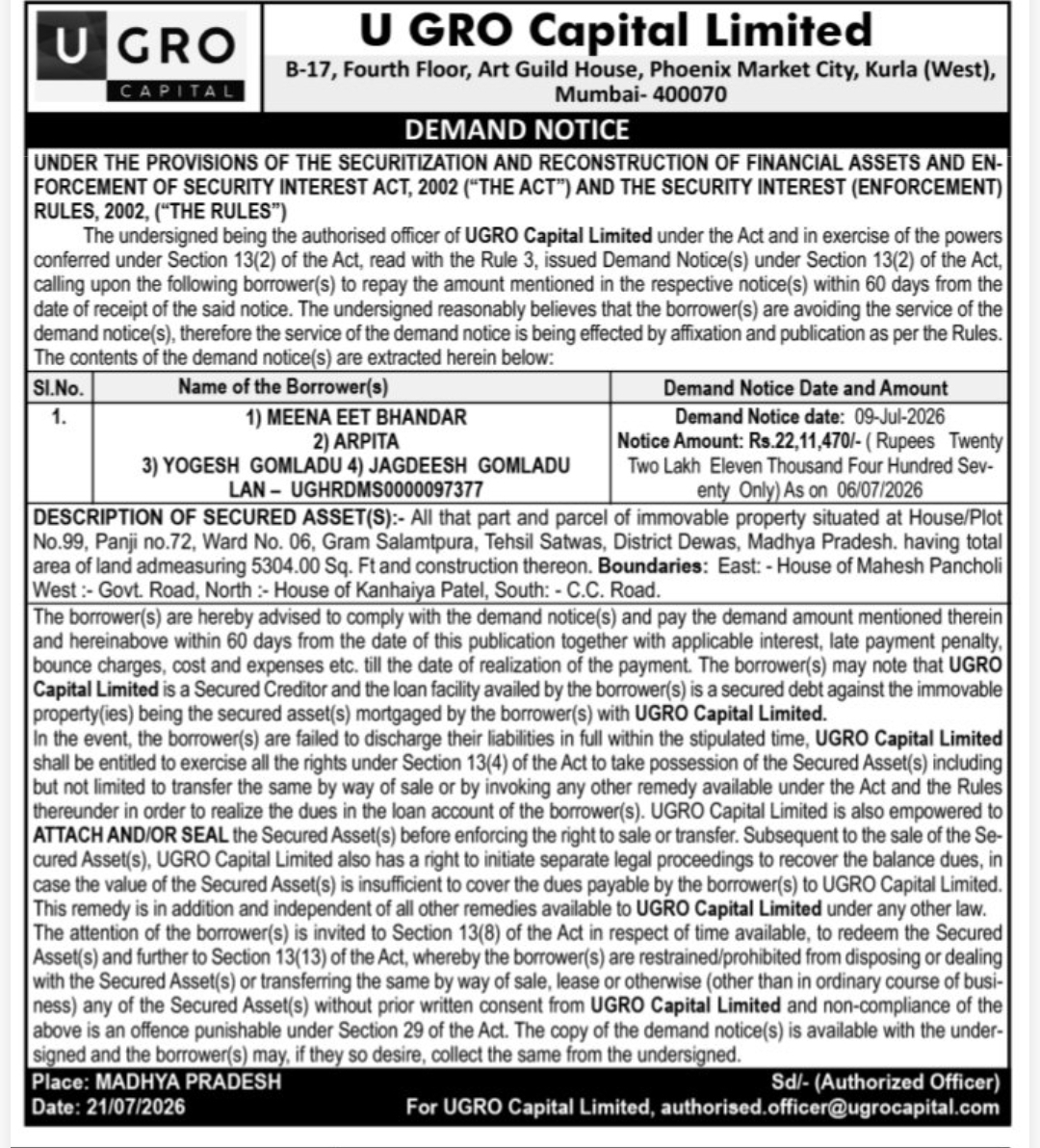 📢 UGRO Capital Issues Demand Notice