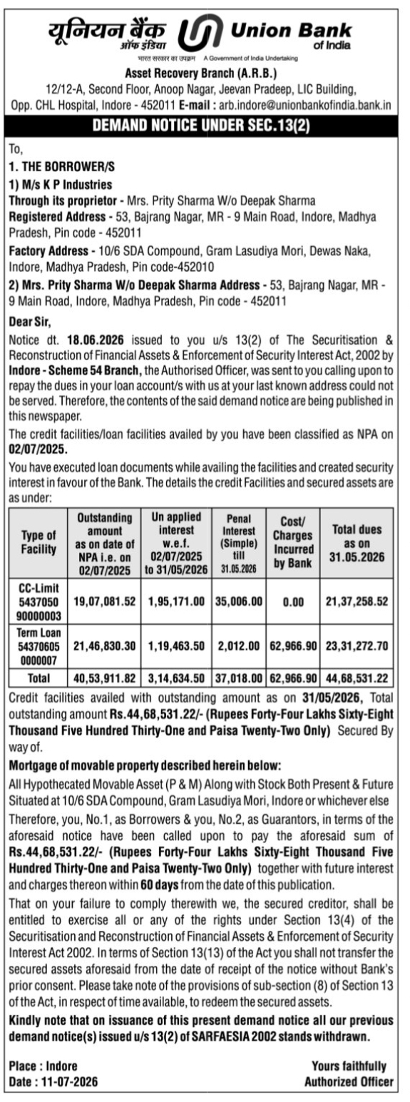 🏦 Union Bank of India – SARFAESI Demand Notice
