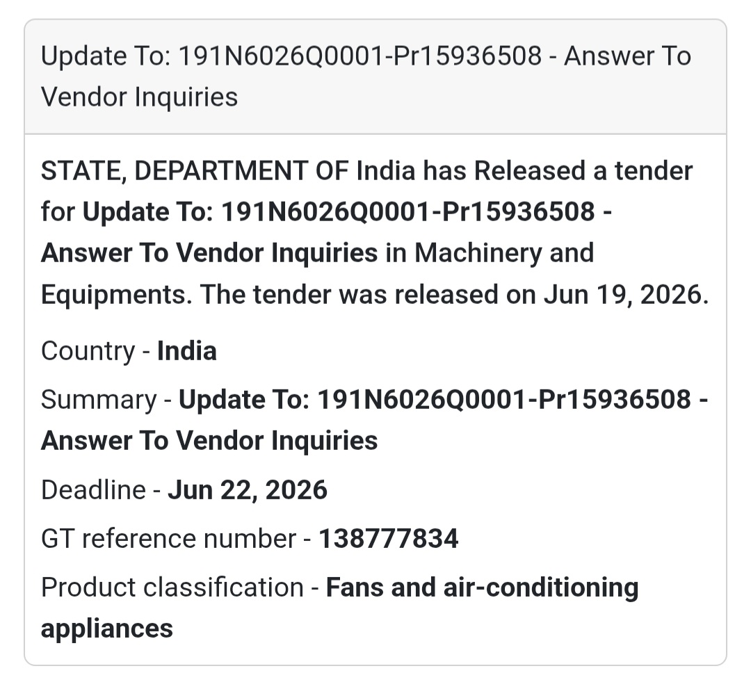 ❄️ Update to Tender 191N6026Q0001 – Answer to Vendor Inquiries