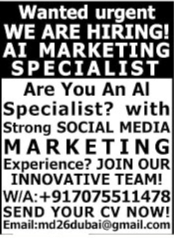 🚨 URGENT HIRING – AI MARKETING SPECIALIST
