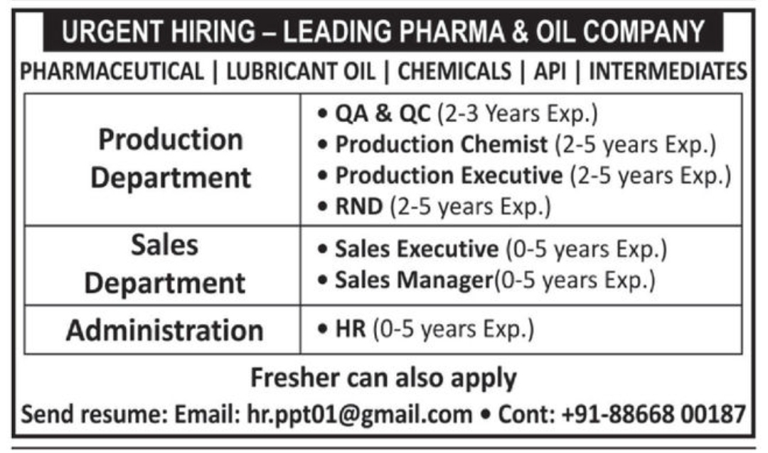 🏭 Urgent Hiring – Leading Pharma & Oil Company