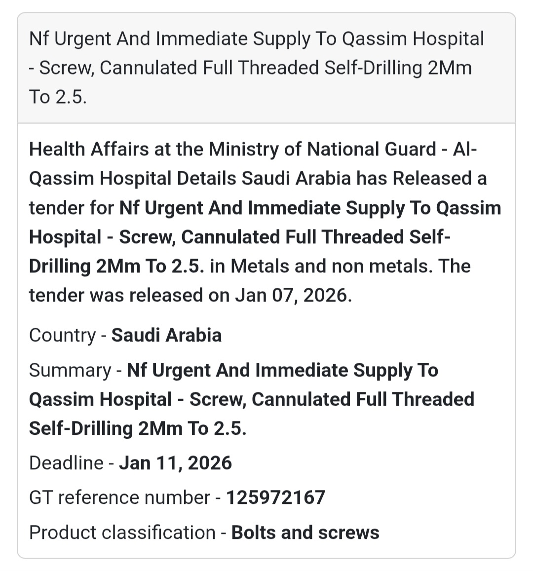 🏥 Urgent Medical Hardware Supply – Qassim Hospital 🇸🇦