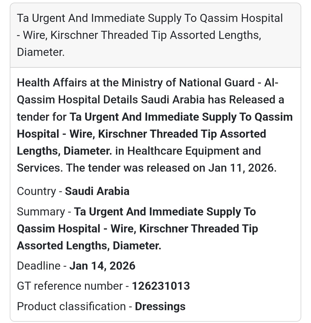 🩹 URGENT MEDICAL SUPPLY – KIRSCHNER WIRES (ALT CLASS)