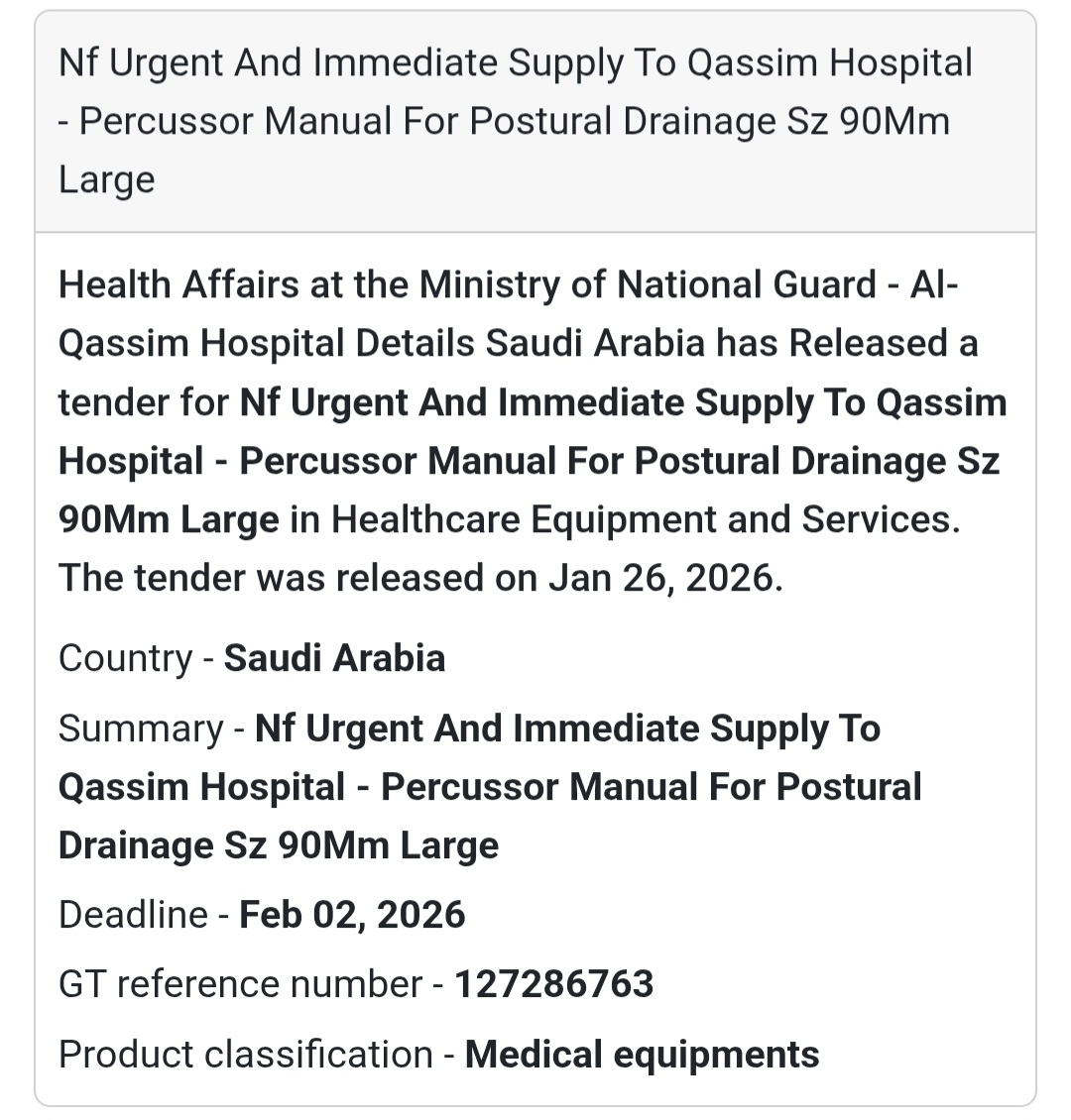 🚑 Urgent Medical Supply – Percussor Manual (Qassim)