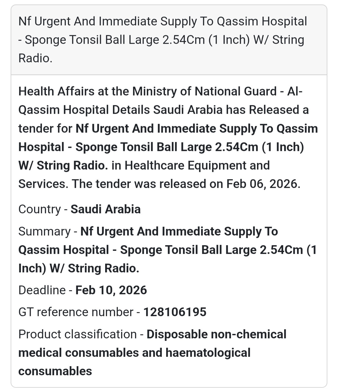 🏥 Urgent Medical Supply Tender – Qassim Hospital