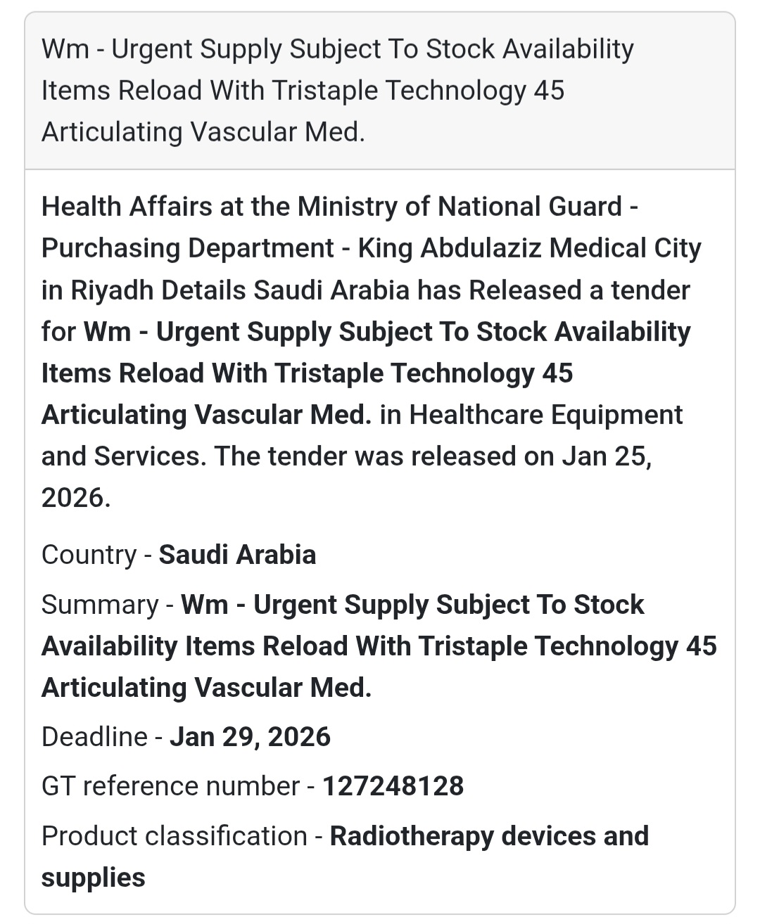 🚨 Urgent Medical Supply – Tristaple Technology