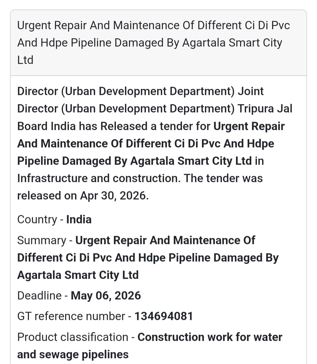 🚰 Urgent Pipeline Repair – Agartala