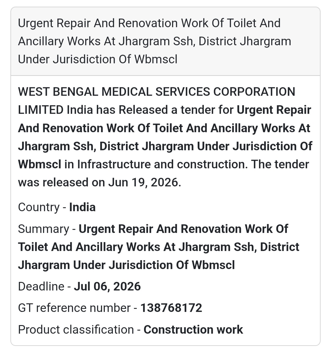 🚻 Urgent Repair & Renovation of Toilet and Ancillary Works at Jhargram SSH