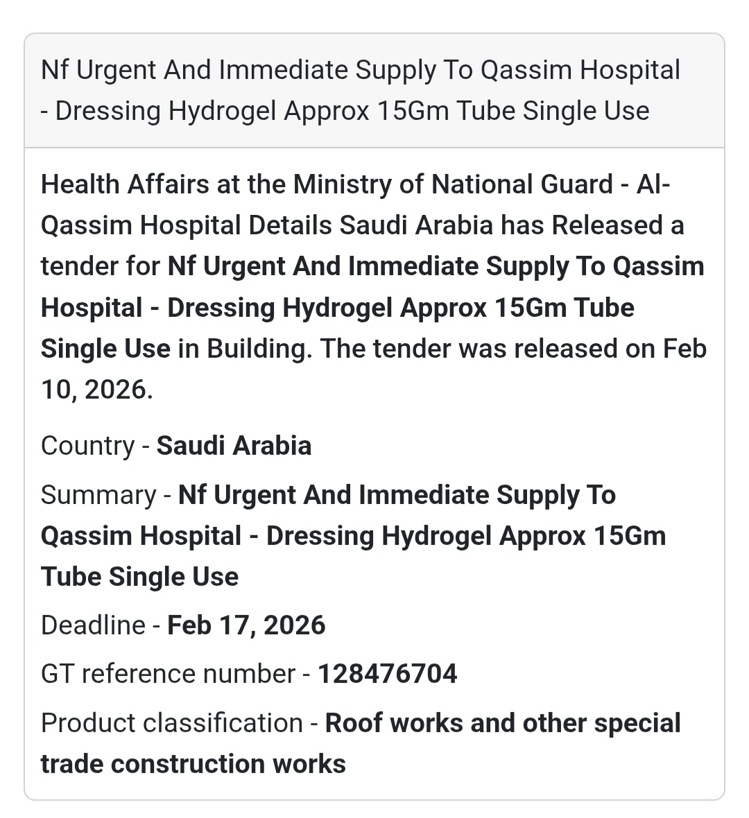 🧴 Urgent Supply – Dressing Hydrogel 15g (Single Use)