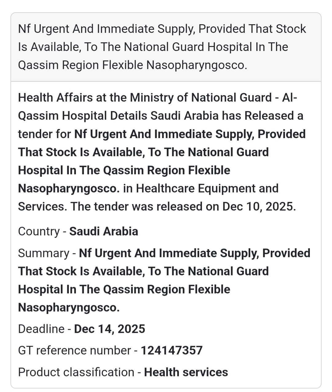 🏥 Urgent Supply – Flexible Nasopharyngoscope (Qassim Region)