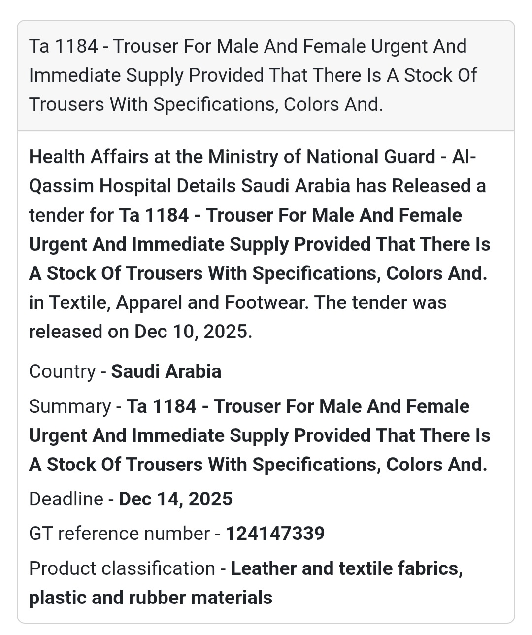👖 Urgent Supply of Trousers for Male & Female (TA 1184)