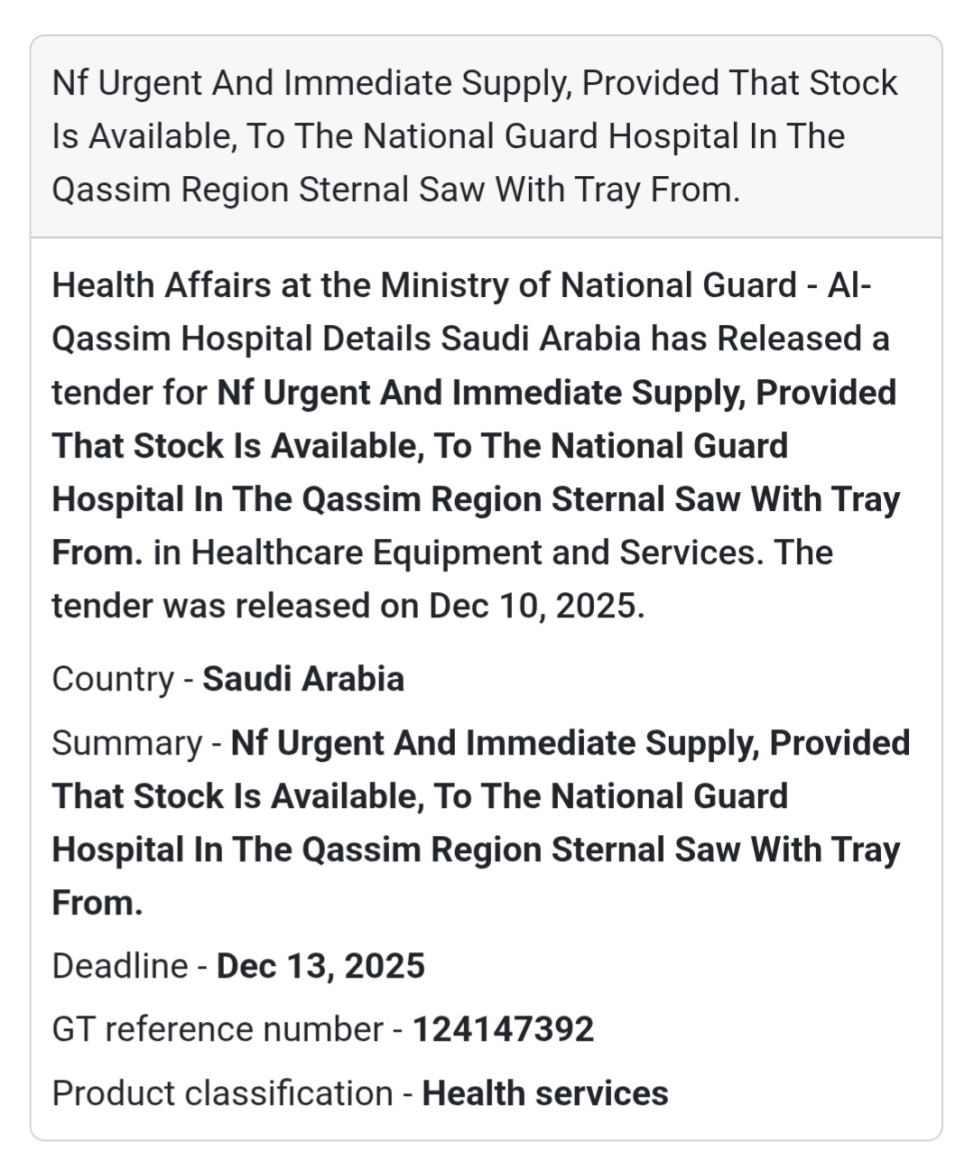 🏥 Urgent Supply – Sternal Saw with Tray