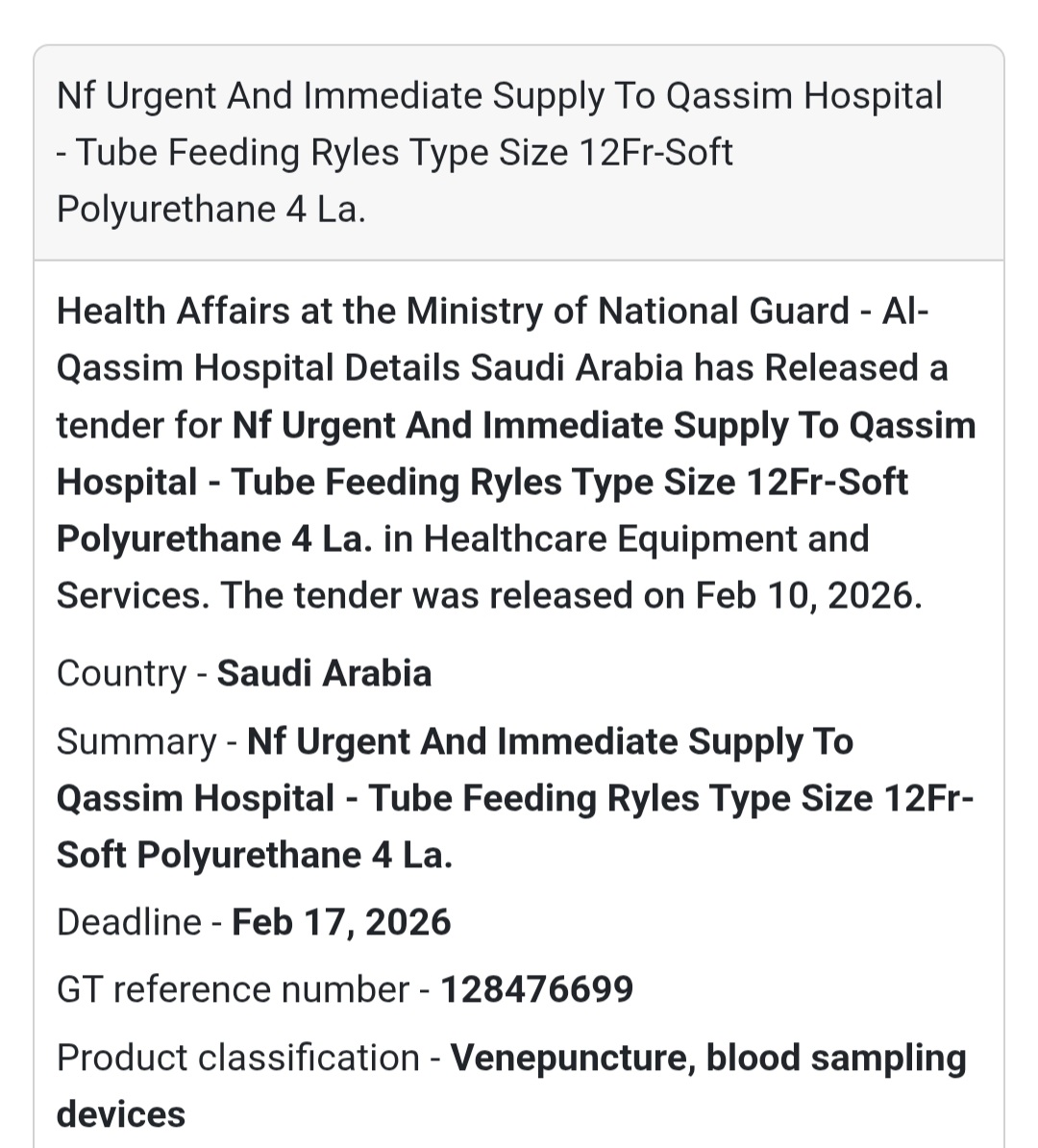 🩺 Urgent Supply – Tube Feeding Ryles Type 12Fr (Soft Polyurethane