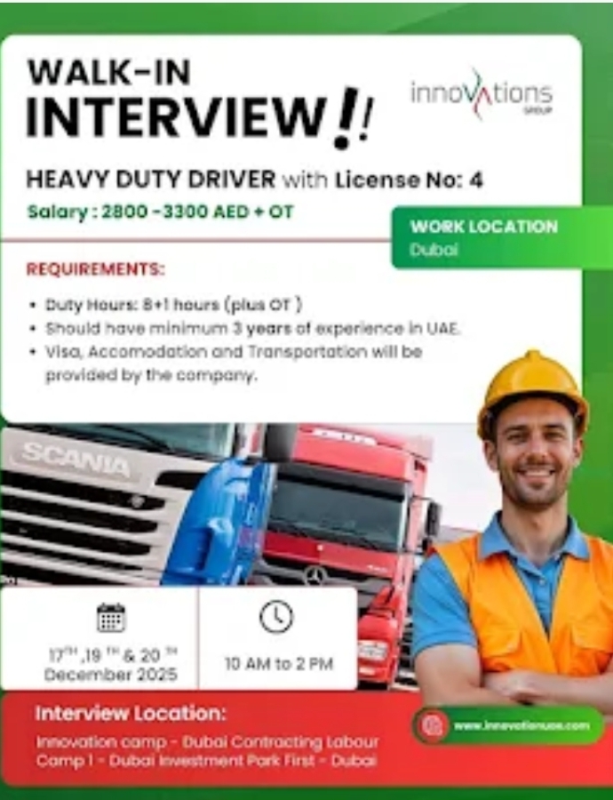 🚛 Urgent Walk-In Interview – Heavy Duty Driver (Dubai) 🇦🇪