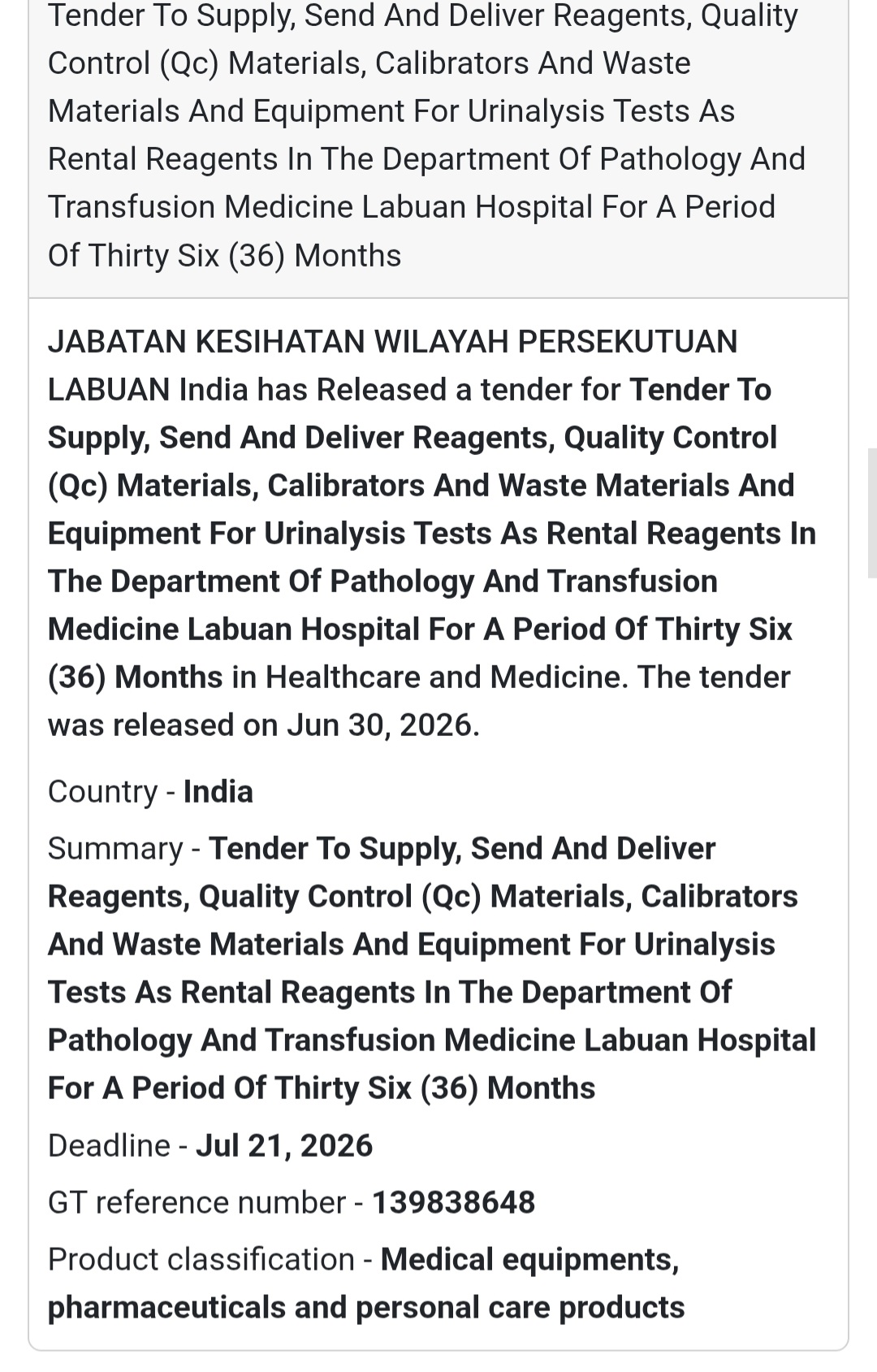 🧪 Urinalysis Reagents & QC Materials Supply Tender – Labuan, Malaysia