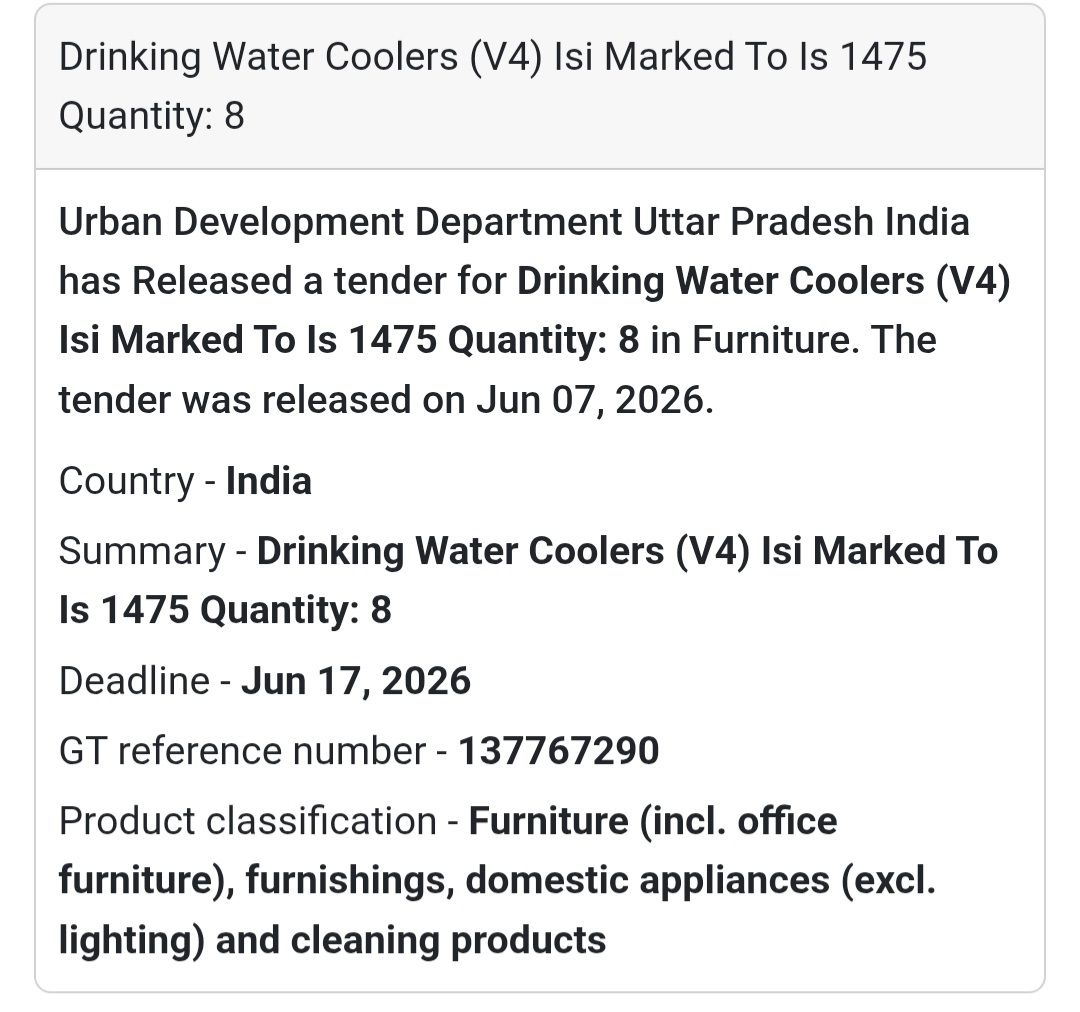 📍 Uttar Pradesh, India | Drinking Water Coolers (V4) 🥤 Tender Alert – Urban